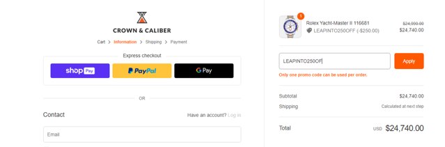 Crown & Caliber checkout page showing Crown & Caliber promo code box | Screenshot taken by SimplyCodes community member on Mar 1, 2024