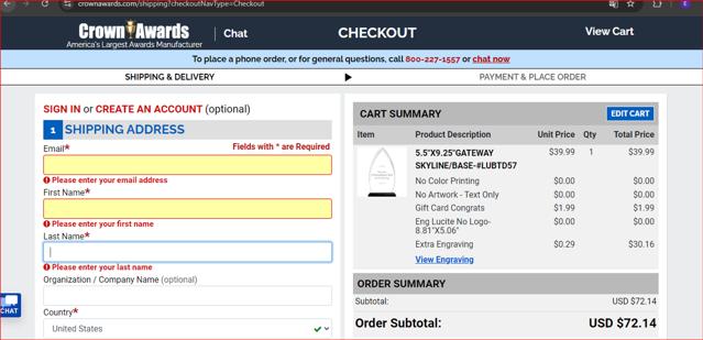 Crown Awards checkout page showing Crown Awards promo code box | Screenshot taken by SimplyCodes community member on Oct 3, 2024