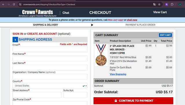 Crown Awards checkout page showing Crown Awards promo code box | Screenshot taken by SimplyCodes community member on Oct 21, 2024