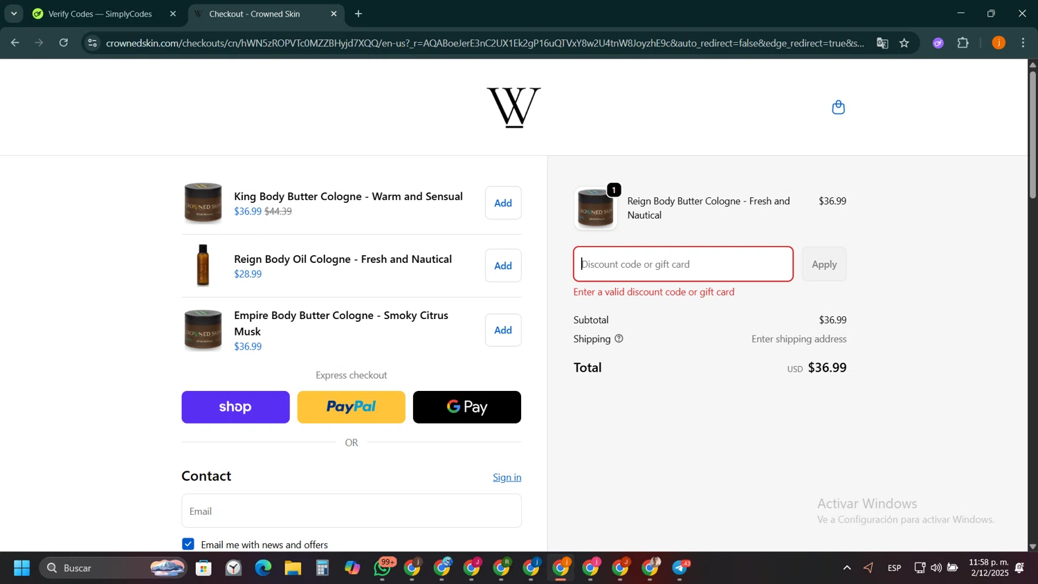 Crowned Skin discount code screenshot showing code BFVIP35 applied at Crowned Skin checkout page. Uploaded by SimplyCodes community member SilverSentinel5952 on Dec 3, 2025