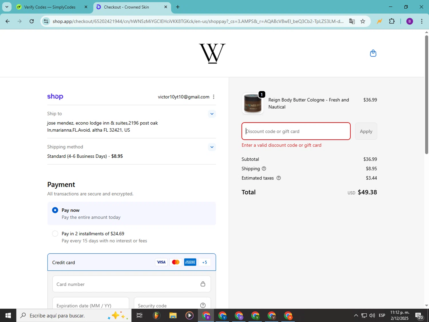 Crowned Skin discount code screenshot showing code BFVIP35 applied at Crowned Skin checkout page. Uploaded by SimplyCodes community member Soyvictor on Dec 3, 2025