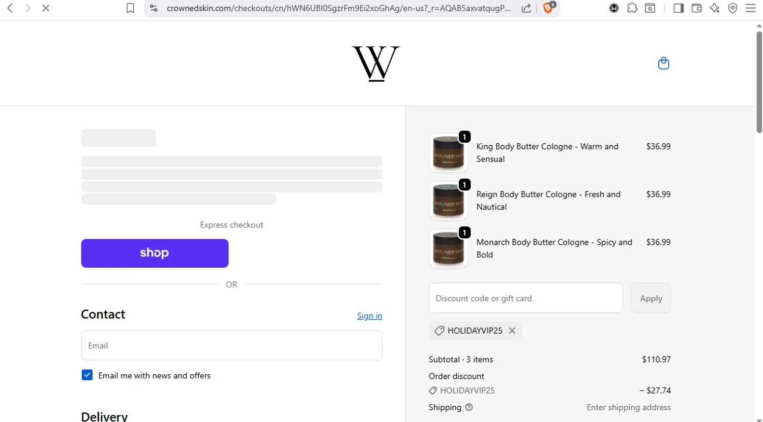 Crowned Skin discount code screenshot showing code HOLIDAYVIP25 applied at Crowned Skin checkout page. Uploaded by SimplyCodes community member dayselis15 on Dec 16, 2025