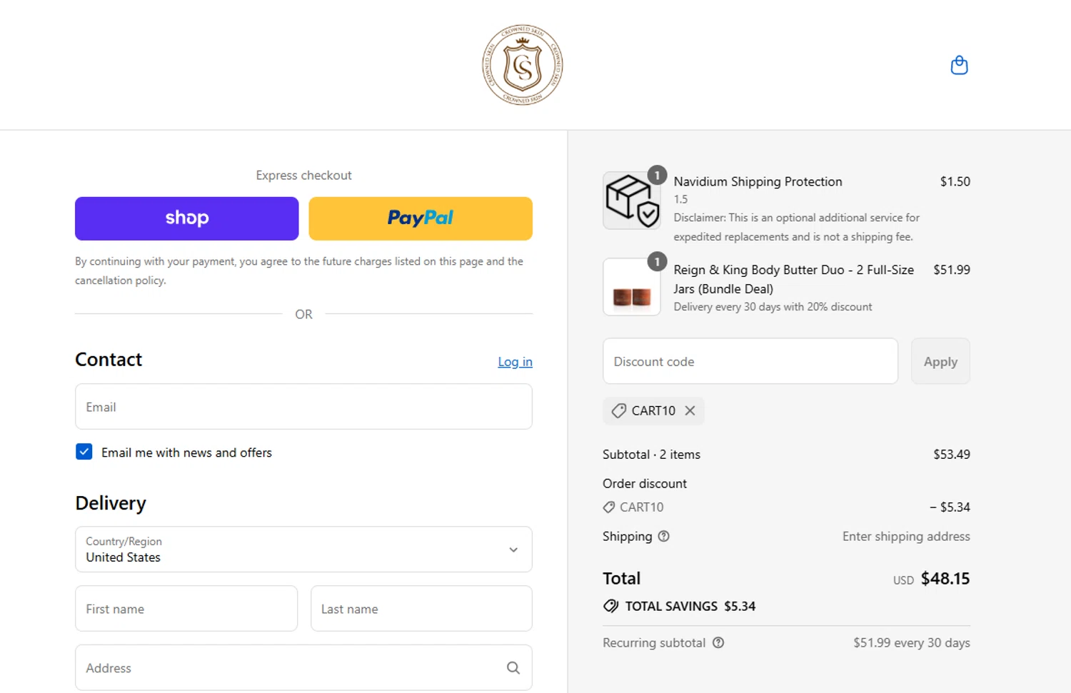 Crowned Skin discount code screenshot showing code CART10 applied at Crowned Skin checkout page. Uploaded by SimplyCodes community member eithanmilas on Sep 5, 2025