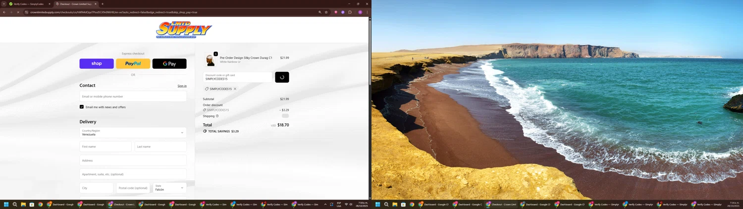 Crown Limited Supply promo code screenshot showing code SIMPLYCODES15 applied at Crown Limited Supply checkout page. Uploaded by SimplyCodes community member RoyalSentinel4577 on Oct 28, 2025