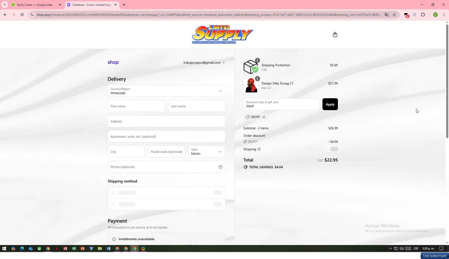 Crown Limited Supply promo code screenshot showing code 20off applied at Crown Limited Supply checkout page. Uploaded by SimplyCodes community member MoneyMaven8597 on Sep 16, 2025