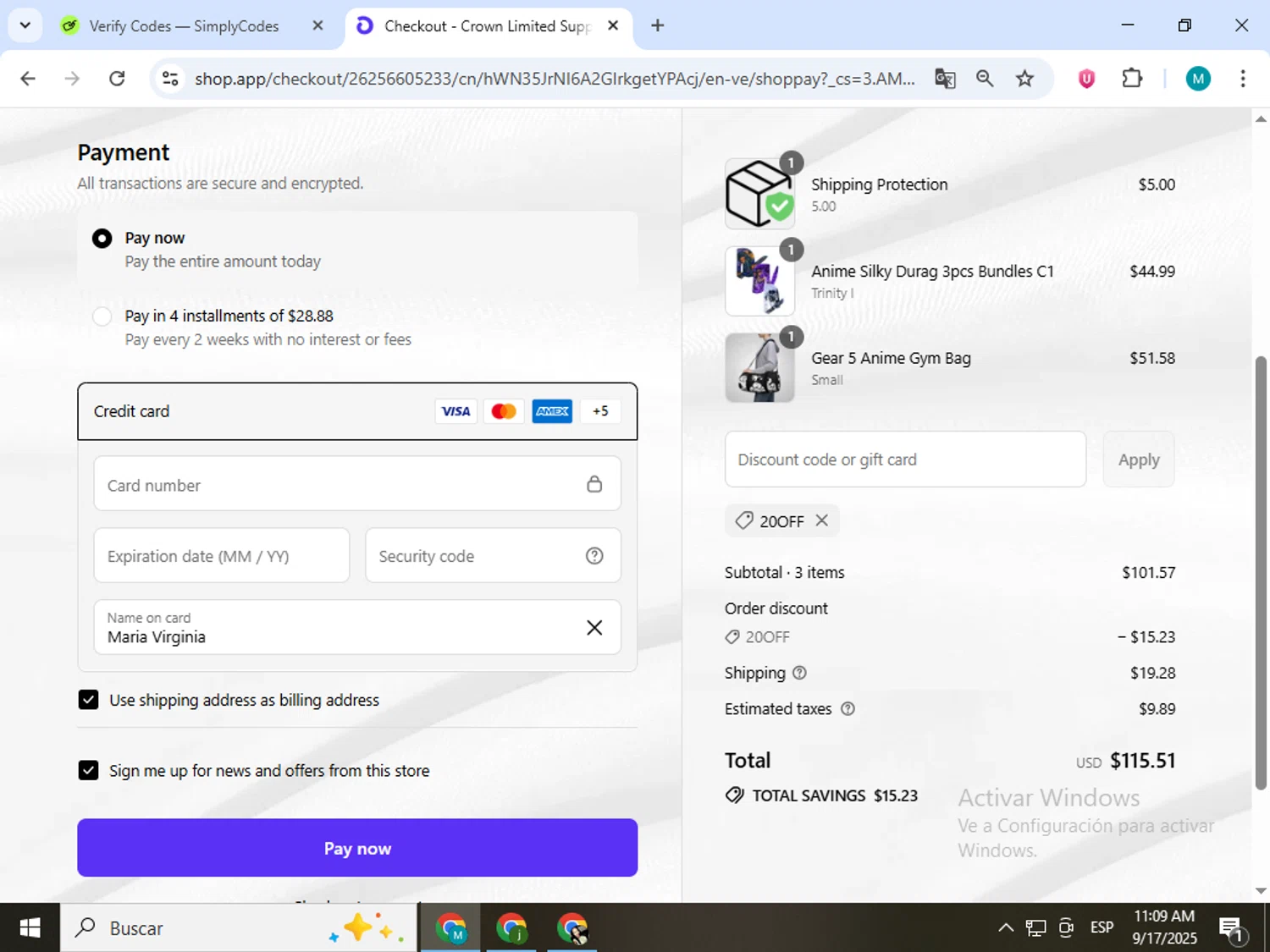 Crown Limited Supply promo code screenshot showing code 20off applied at Crown Limited Supply checkout page. Uploaded by SimplyCodes community member estrellaveloz on Sep 17, 2025