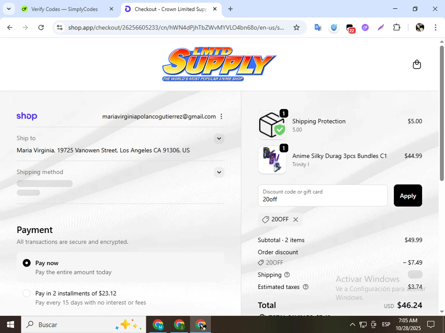 Crown Limited Supply promo code screenshot showing code 20off applied at Crown Limited Supply checkout page. Uploaded by SimplyCodes community member mariapolancog on Oct 28, 2025