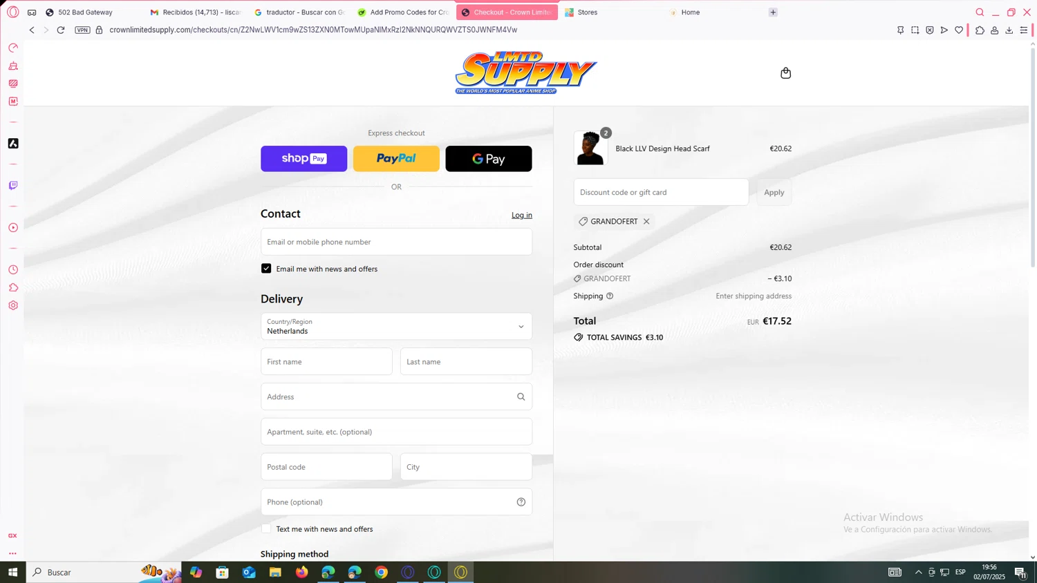 Crown Limited Supply promo code screenshot showing code GRANDOFERT applied at Crown Limited Supply checkout page. Uploaded by SimplyCodes community member JEUGENIO on Jul 2, 2025