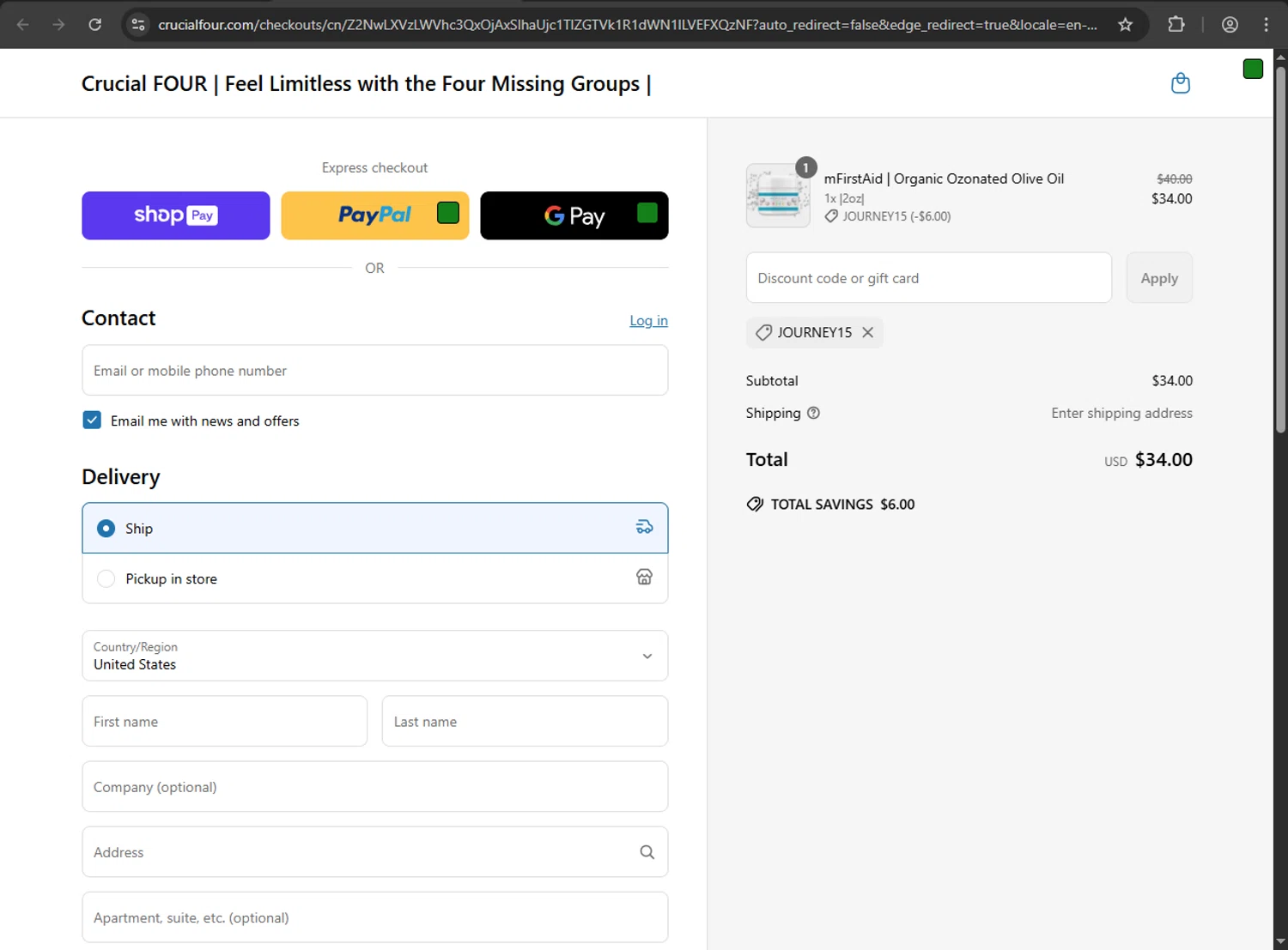 Crucial FOUR discount code screenshot showing code JOURNEY15 applied at Crucial FOUR checkout page. Uploaded by SimplyCodes community member megagei on Jun 17, 2025