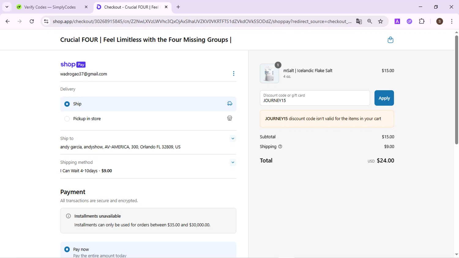 Crucial FOUR discount code screenshot showing code JOURNEY15 applied at Crucial FOUR checkout page. Uploaded by SimplyCodes community member QuestPhoenix2794 on Jun 17, 2025