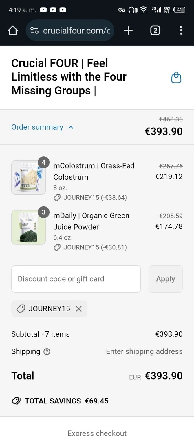 Crucial FOUR discount code screenshot showing code JOURNEY15 applied at Crucial FOUR checkout page. Uploaded by SimplyCodes community member Rafita on May 23, 2025