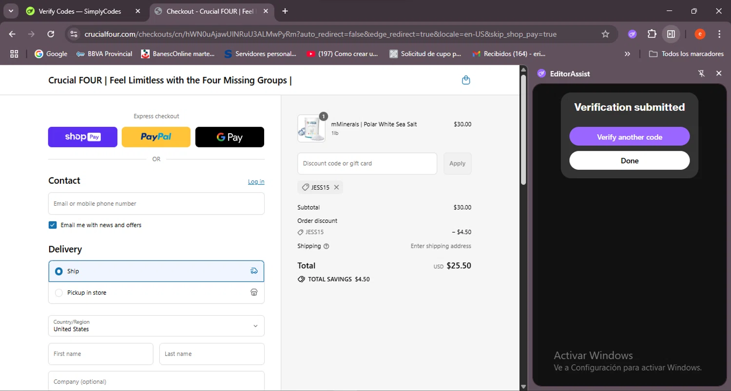 Crucial FOUR discount code screenshot showing code jess15 applied at Crucial FOUR checkout page. Uploaded by SimplyCodes community member BrilliantSleuth7740 on Jul 22, 2025