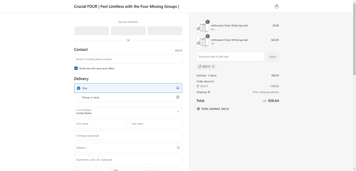 Crucial FOUR discount code screenshot showing code jess15 applied at Crucial FOUR checkout page. Uploaded by SimplyCodes community member DiscountWarden480 on Jun 6, 2025