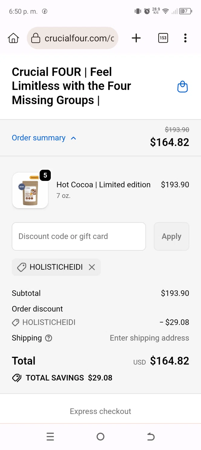 Crucial FOUR discount code screenshot showing code HOLISTICHEIDI applied at Crucial FOUR checkout page. Uploaded by SimplyCodes community member Typer19 on Dec 8, 2025