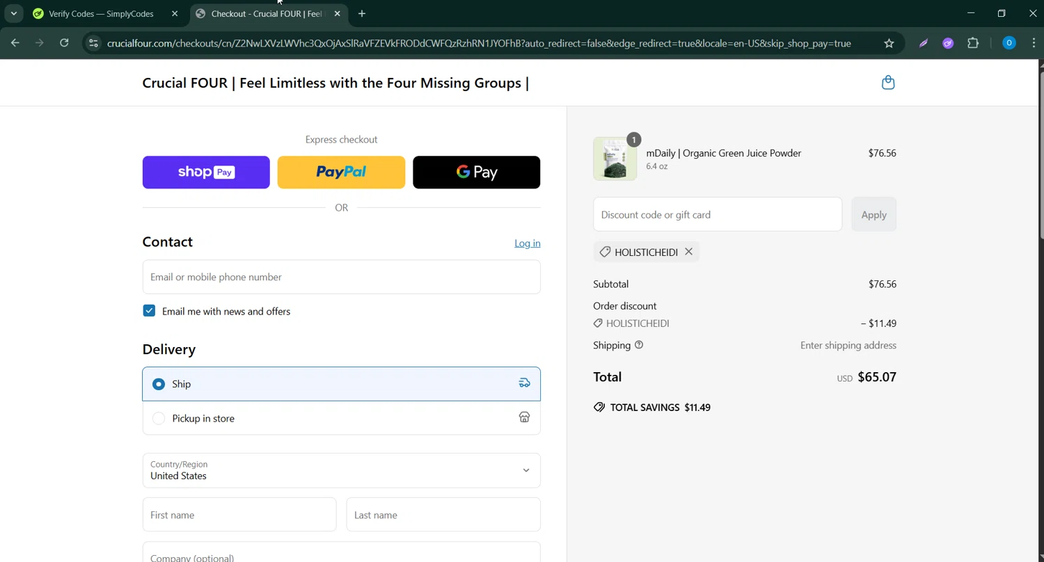 Crucial FOUR discount code screenshot showing code HOLISTICHEIDI applied at Crucial FOUR checkout page. Uploaded by SimplyCodes community member CodeScholar4340 on May 11, 2025