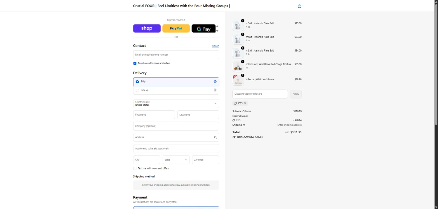 Crucial FOUR checkout page showing Crucial FOUR discount code box | Screenshot taken by SimplyCodes community member on Feb 12, 2026