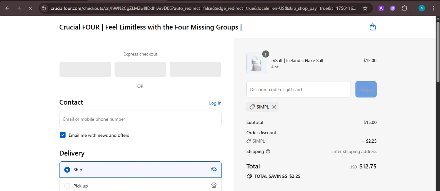 Crucial FOUR discount code screenshot showing code Simpl applied at Crucial FOUR checkout page. Uploaded by SimplyCodes community member ValiantChaser7723 on Aug 25, 2025