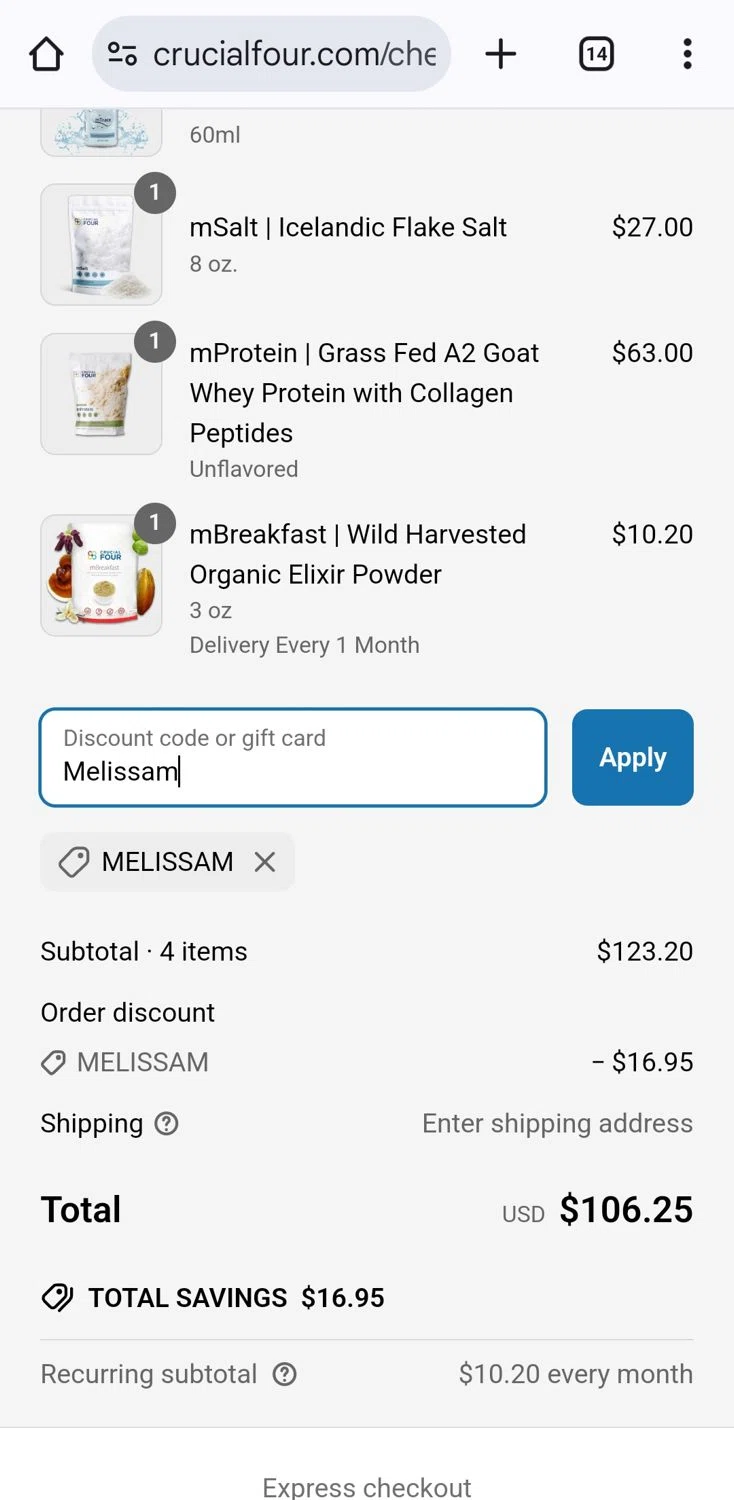 Crucial FOUR discount code screenshot showing code Melissam applied at Crucial FOUR checkout page. Uploaded by SimplyCodes community member KarinaHZ on Mar 20, 2025