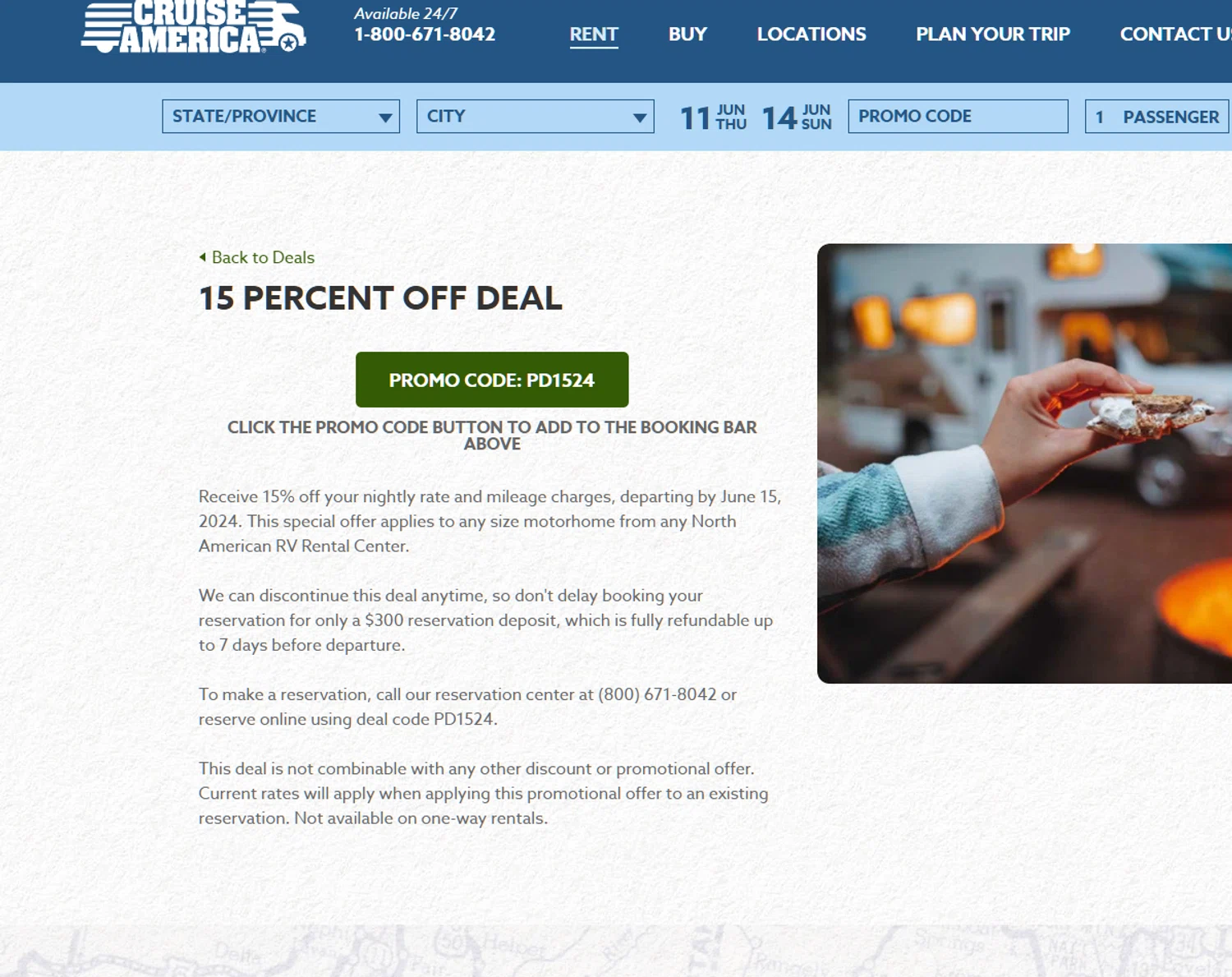 Cruise America promo code screenshot showing code PD1524 applied at Cruise America checkout page. Uploaded by SimplyCodes community member Dejadepicharme on Jun 9, 2026
