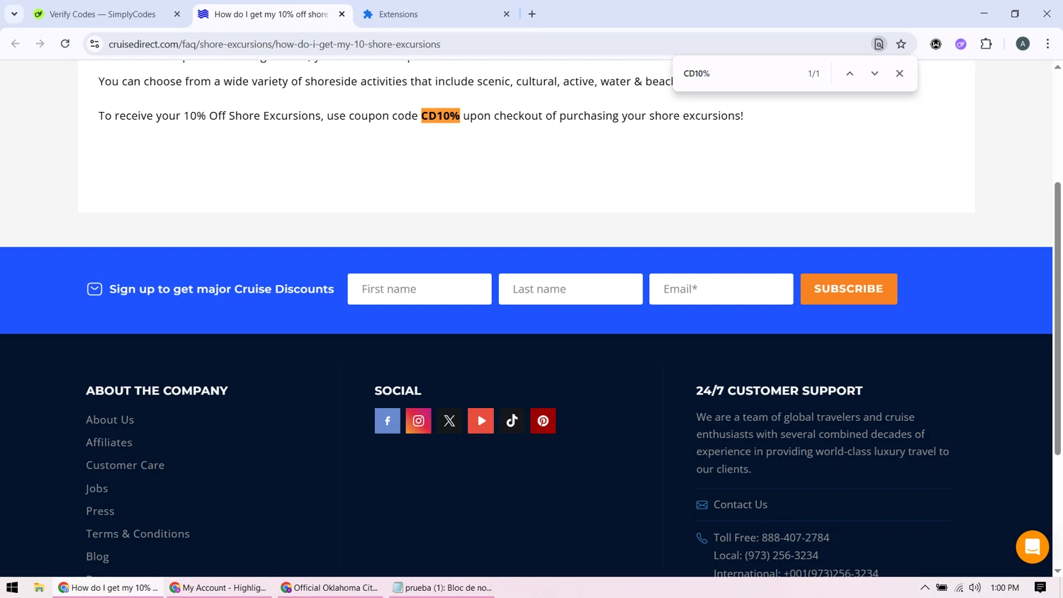 CruiseDirect promo code screenshot showing code CD10% applied at CruiseDirect checkout page. Uploaded by SimplyCodes community member BonusMonarch7015 on Oct 24, 2025