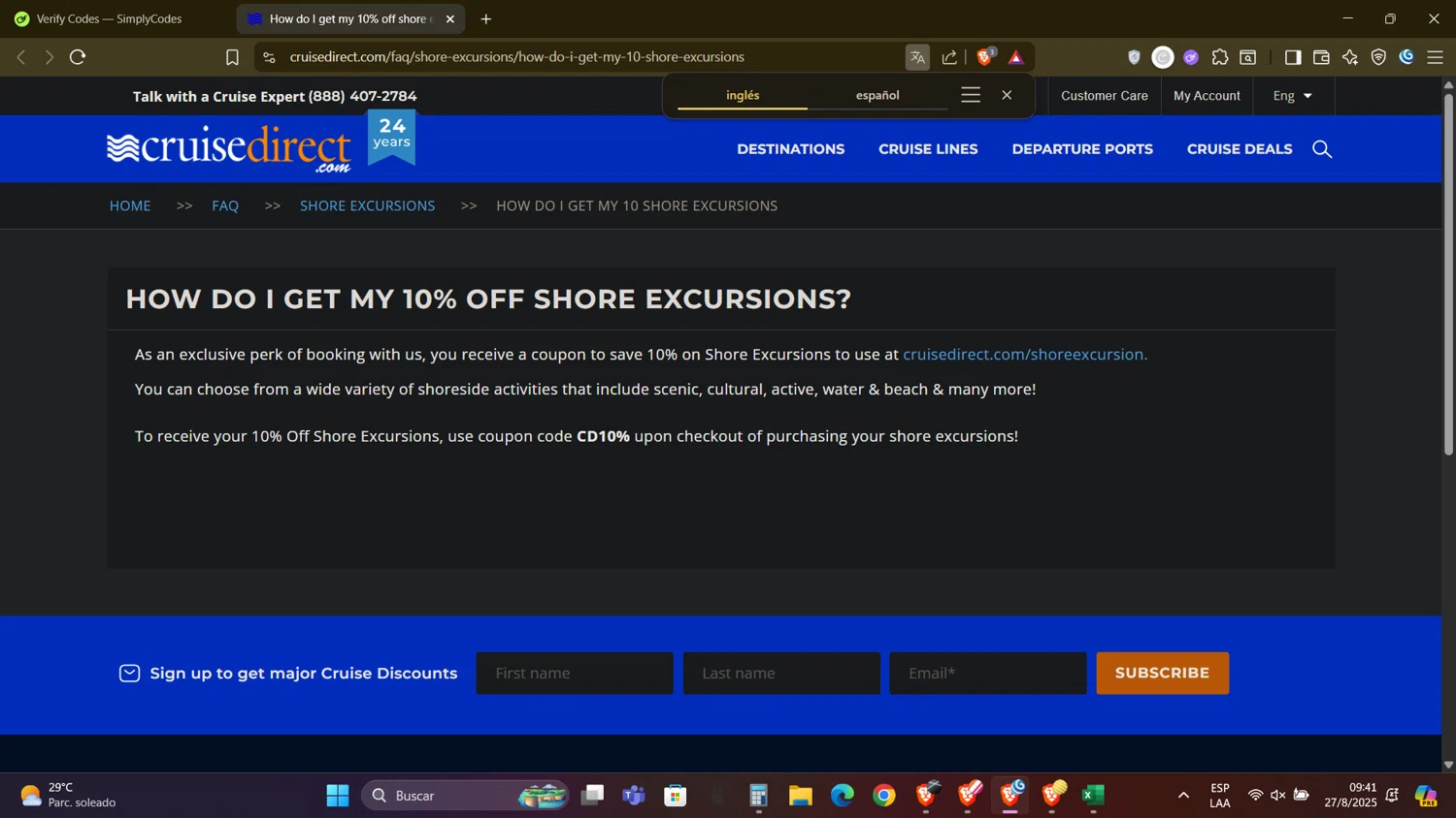 CruiseDirect checkout page showing CruiseDirect promo code box | Screenshot taken by SimplyCodes community member on Aug 27, 2025