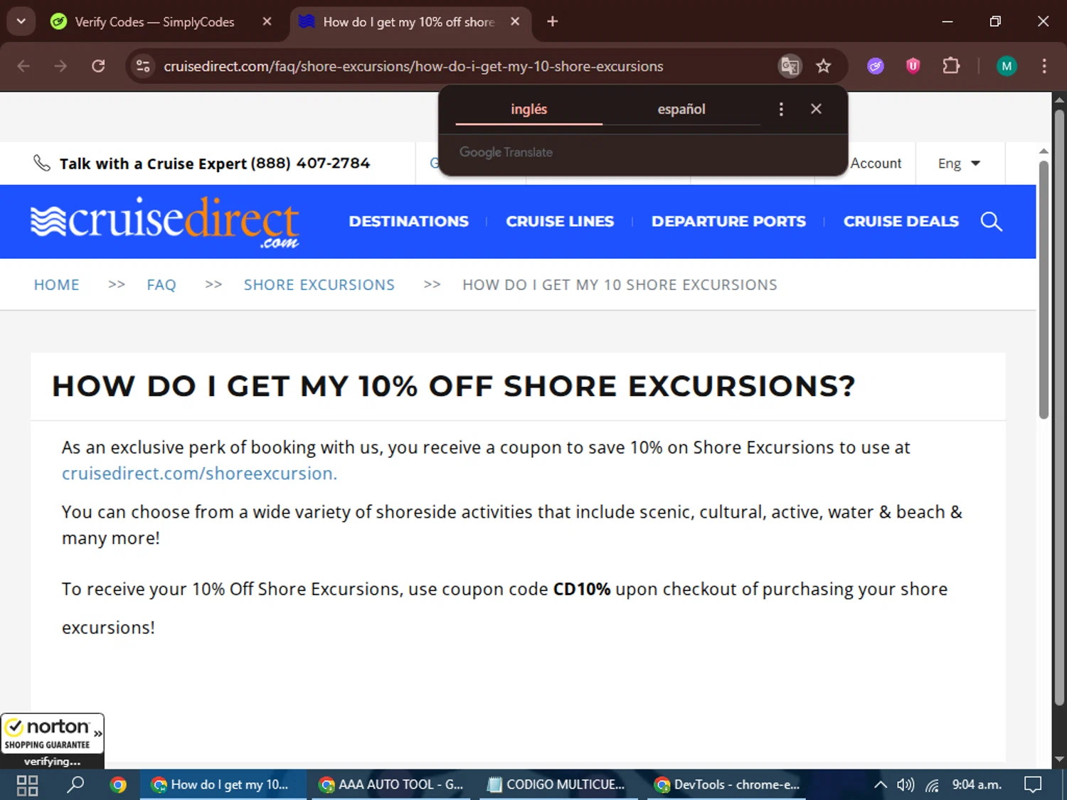CruiseDirect promo code screenshot showing code CD10% applied at CruiseDirect checkout page. Uploaded by SimplyCodes community member GleynnethR on Nov 22, 2025