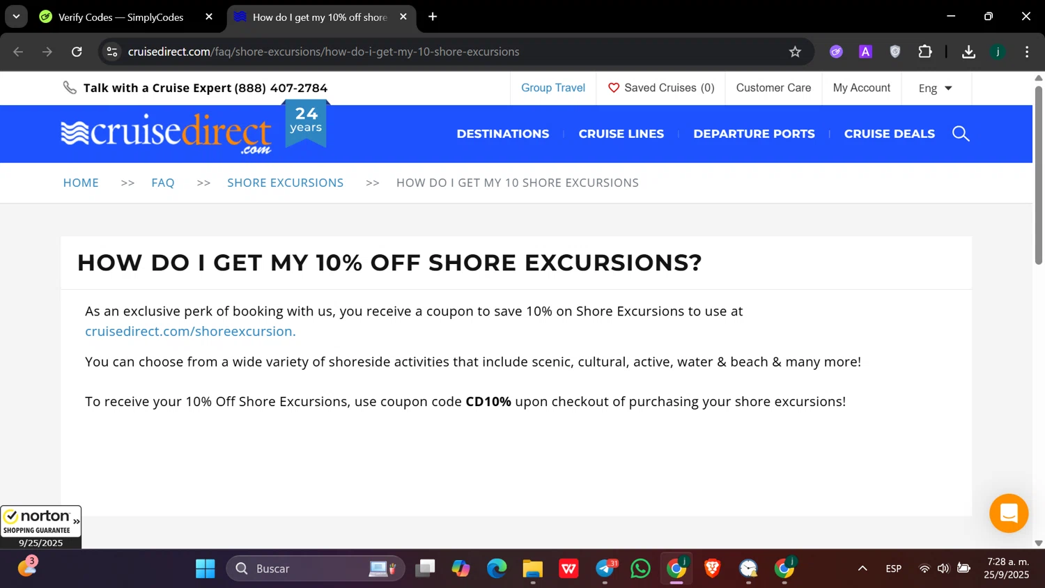 CruiseDirect checkout page showing CruiseDirect promo code box | Screenshot taken by SimplyCodes community member on Sep 25, 2025