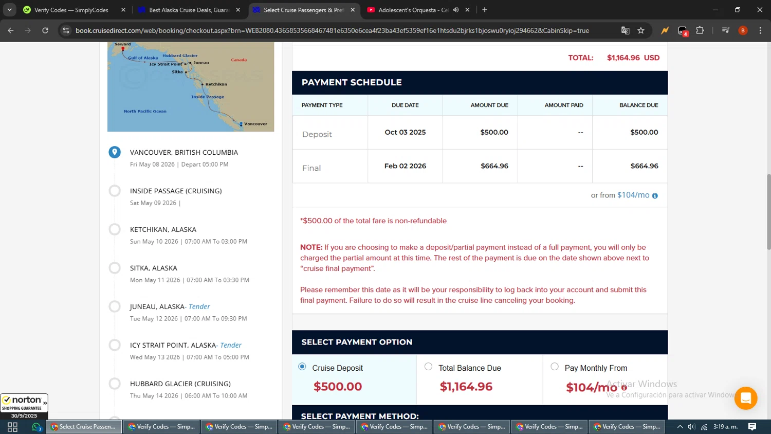 CruiseDirect promo code screenshot showing code BOGO60 applied at CruiseDirect checkout page. Uploaded by SimplyCodes community member BrilliantLynx7174 on Sep 30, 2025