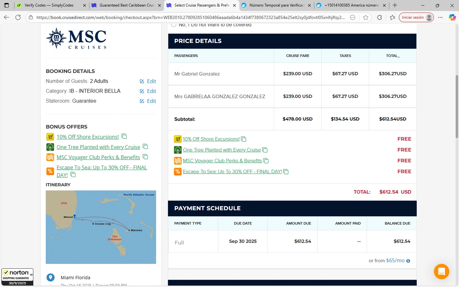 CruiseDirect promo code screenshot showing code BOGO60 applied at CruiseDirect checkout page. Uploaded by SimplyCodes community member SavvyWizard7346 on Sep 30, 2025