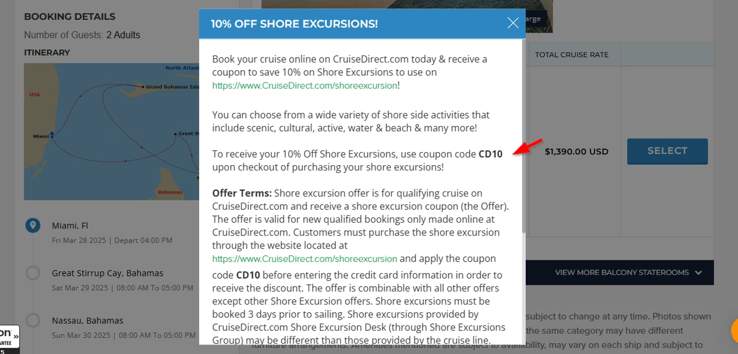 CruiseDirect promo code screenshot showing code CD10 applied at CruiseDirect checkout page. Uploaded by SimplyCodes community member SimplyCVerlie on Jan 31, 2025