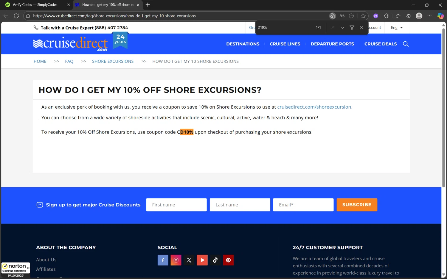 CruiseDirect promo code screenshot showing code D10% applied at CruiseDirect checkout page. Uploaded by SimplyCodes community member frijolito on Oct 9, 2025