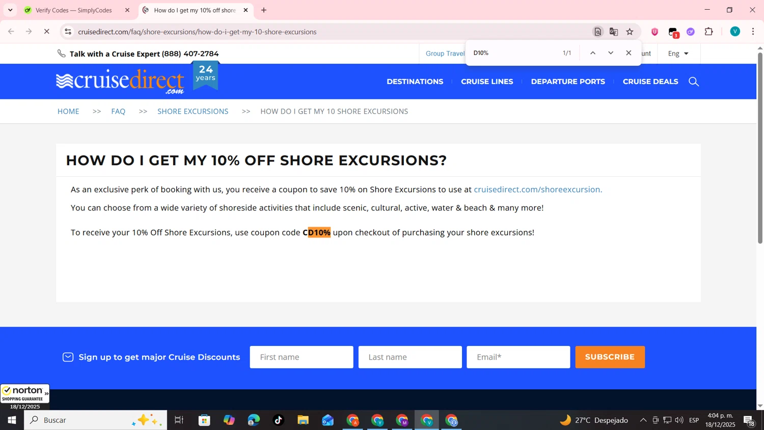 CruiseDirect promo code screenshot showing code D10% applied at CruiseDirect checkout page. Uploaded by SimplyCodes community member lyffytaro on Dec 18, 2025