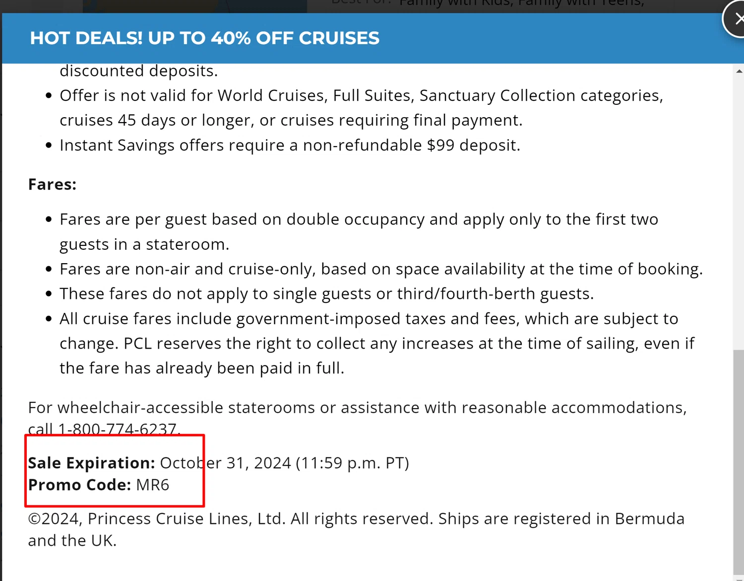 CruiseDirect promo code screenshot showing code MR6 applied at CruiseDirect checkout page. Uploaded by SimplyCodes community member Dejadepicharme on Sep 14, 2024