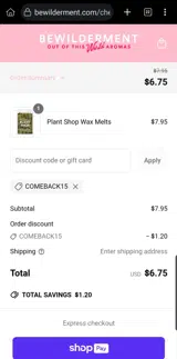 COMEBACK15 coupon verification screenshot