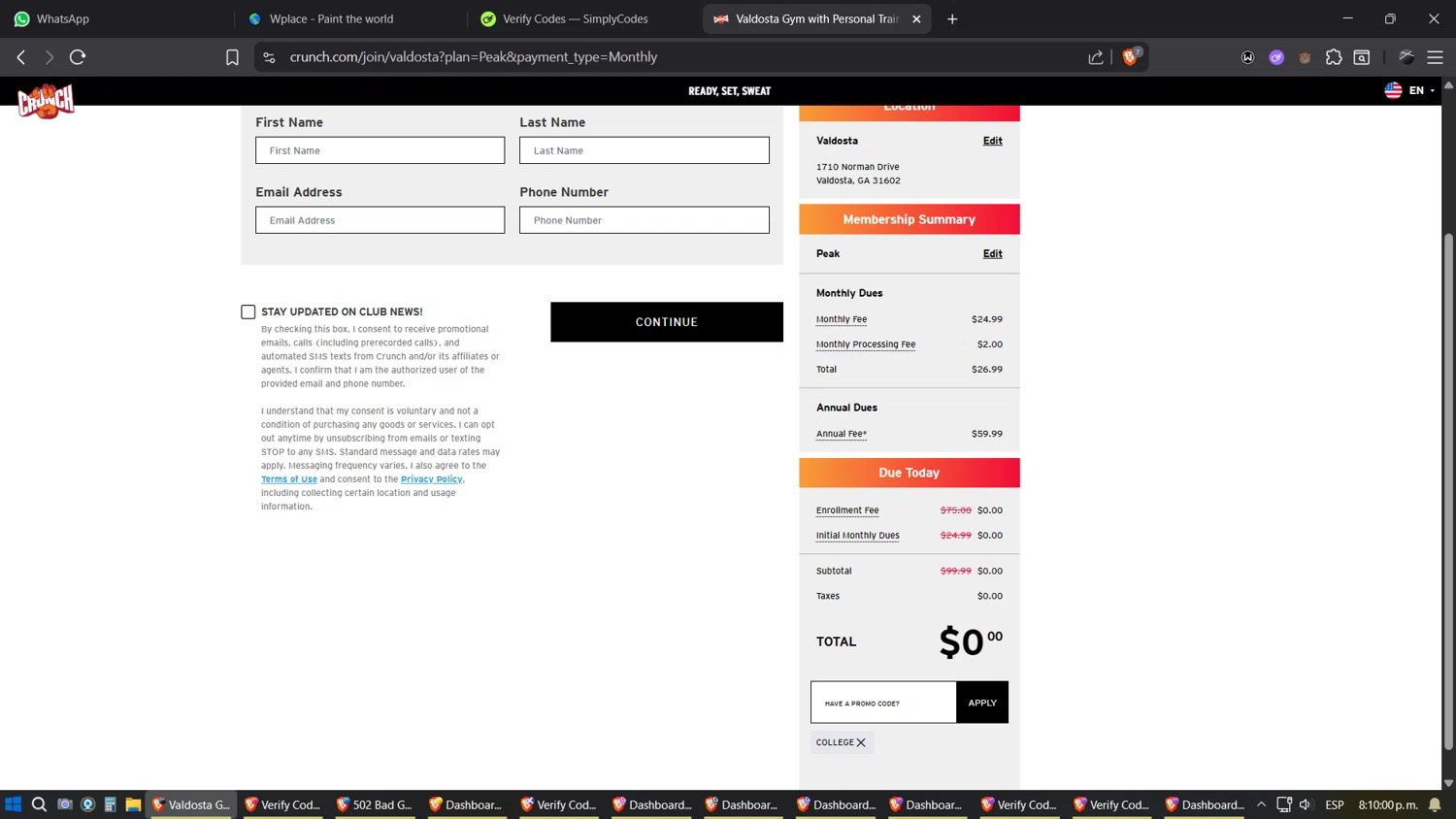 Crunch promo code screenshot showing code COLLEGE applied at Crunch checkout page. Uploaded by SimplyCodes community member SimplyGOAT on Aug 30, 2025