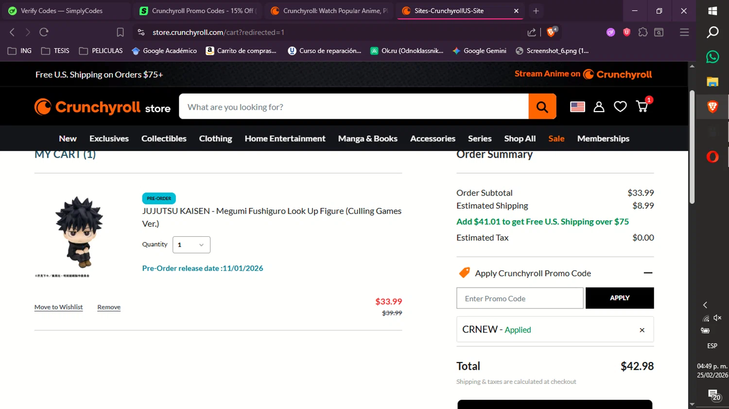 Crunchyroll promo code screenshot showing code CRNEW applied at Crunchyroll checkout page. Uploaded by SimplyCodes community member xXdevoragoticas69Xx on Feb 25, 2026