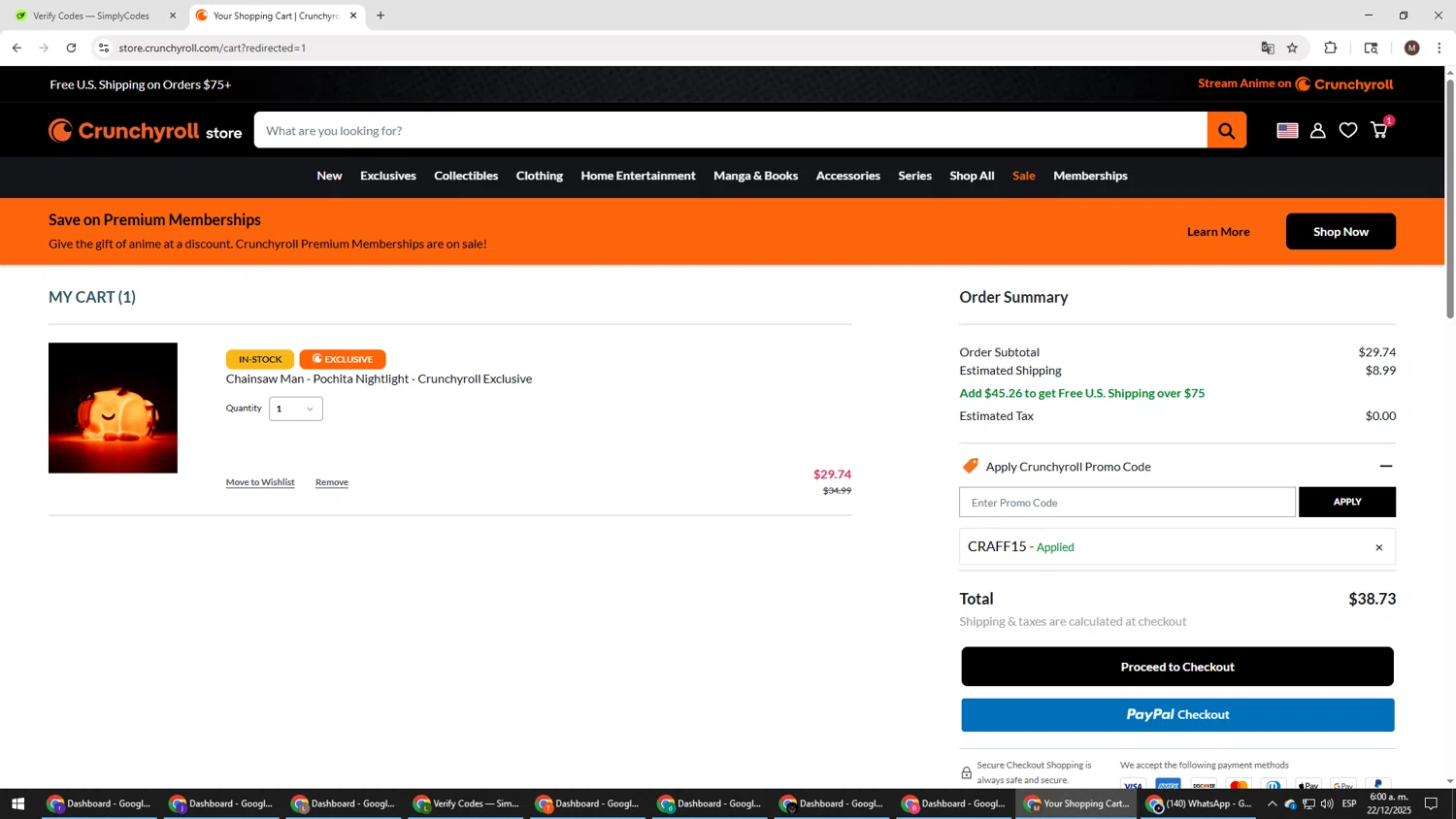 Crunchyroll promo code screenshot showing code CRAFF15 applied at Crunchyroll checkout page. Uploaded by SimplyCodes community member KTMCRF on Dec 22, 2025