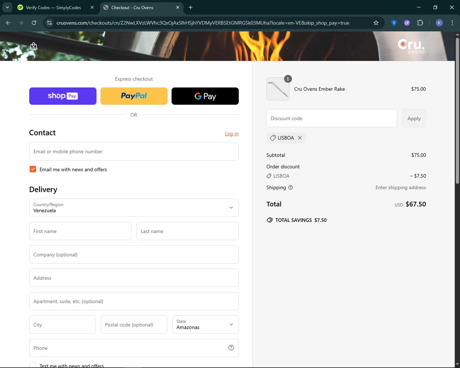 Cru Ovens promo code screenshot showing code LISBOA applied at Cru Ovens checkout page. Uploaded by SimplyCodes community member KevLapage on Jun 11, 2025