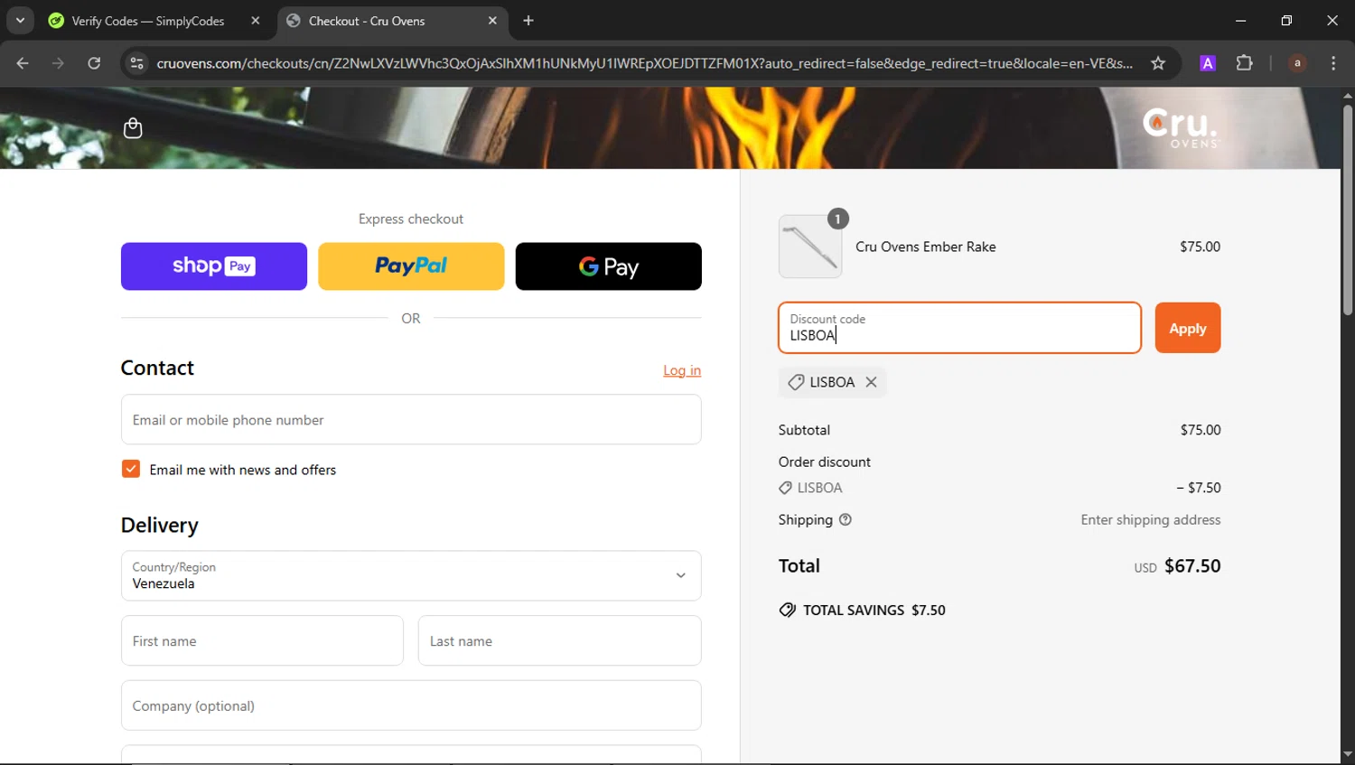 Cru Ovens promo code screenshot showing code LISBOA applied at Cru Ovens checkout page. Uploaded by SimplyCodes community member b3stia_1 on Jun 16, 2025