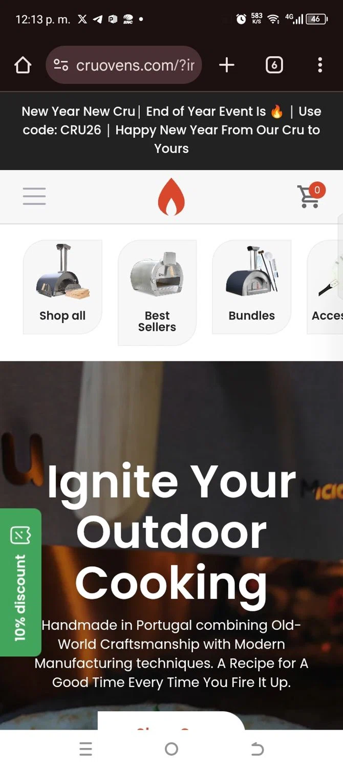 Cru Ovens promo code screenshot showing code Cru26 applied at Cru Ovens checkout page. Uploaded by SimplyCodes community member kellymoreno on Jan 7, 2026