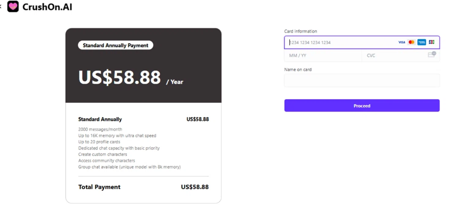CrushonAI promo code screenshot showing code xyScJjAH applied at CrushonAI checkout page. Uploaded by SimplyCodes community member SimplyCVerlie on Feb 8, 2025