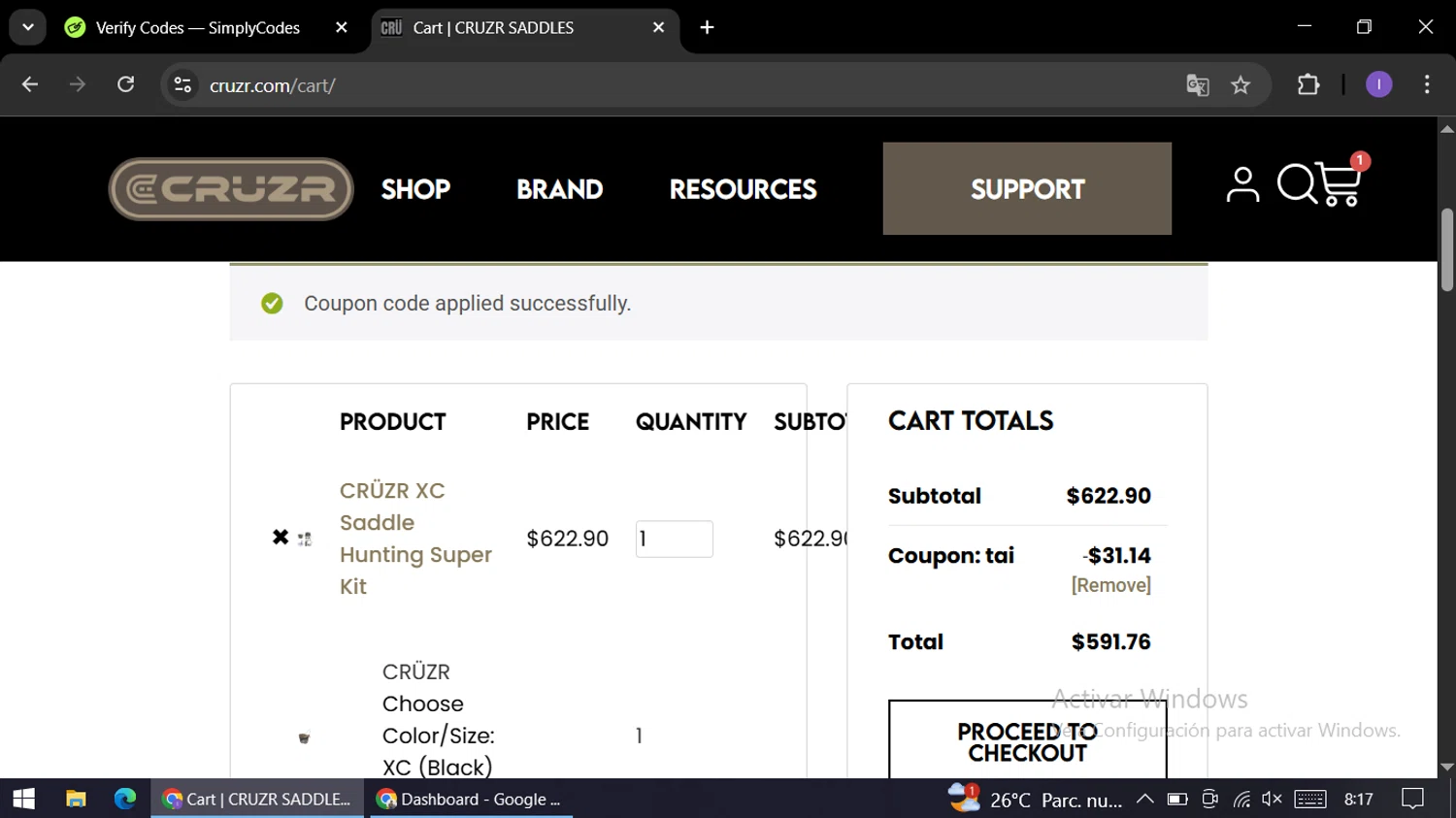 CRUZR SADDLES checkout page showing CRUZR SADDLES promo code box | Screenshot taken by SimplyCodes community member on Jan 11, 2026