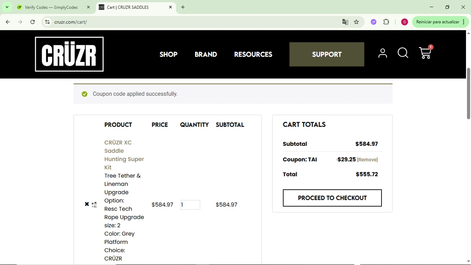 CRUZR SADDLES promo code screenshot showing code TAI applied at CRUZR SADDLES checkout page. Uploaded by SimplyCodes community member CrownFinder3074 on Jun 11, 2025