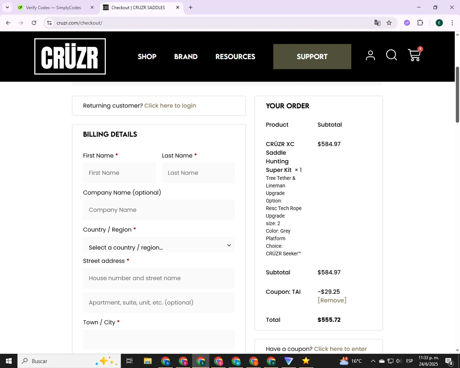 CRUZR SADDLES promo code screenshot showing code TAI applied at CRUZR SADDLES checkout page. Uploaded by SimplyCodes community member 00000006 on Jun 25, 2025
