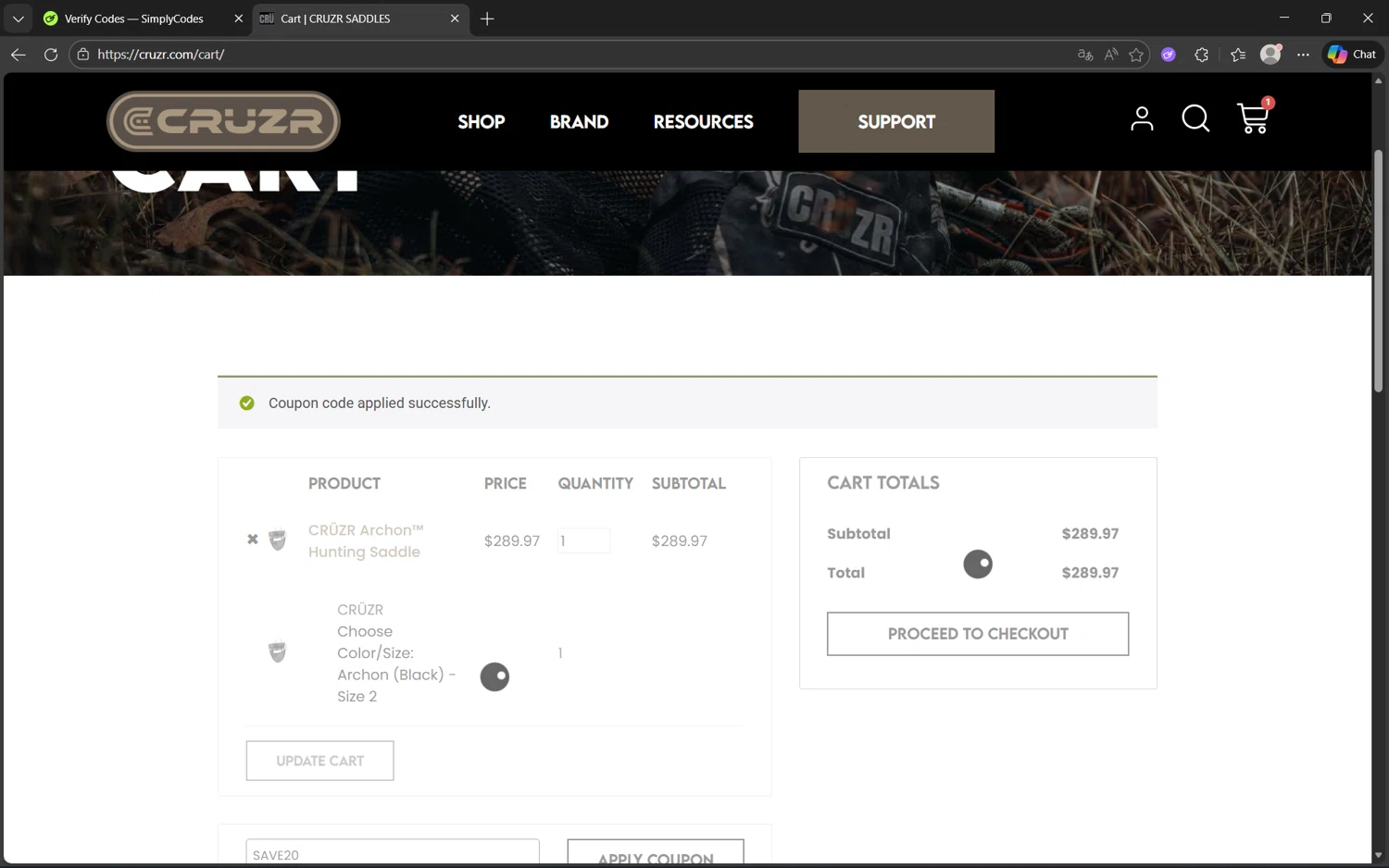 CRUZR SADDLES checkout page showing CRUZR SADDLES promo code box | Screenshot taken by SimplyCodes community member on Jan 20, 2026