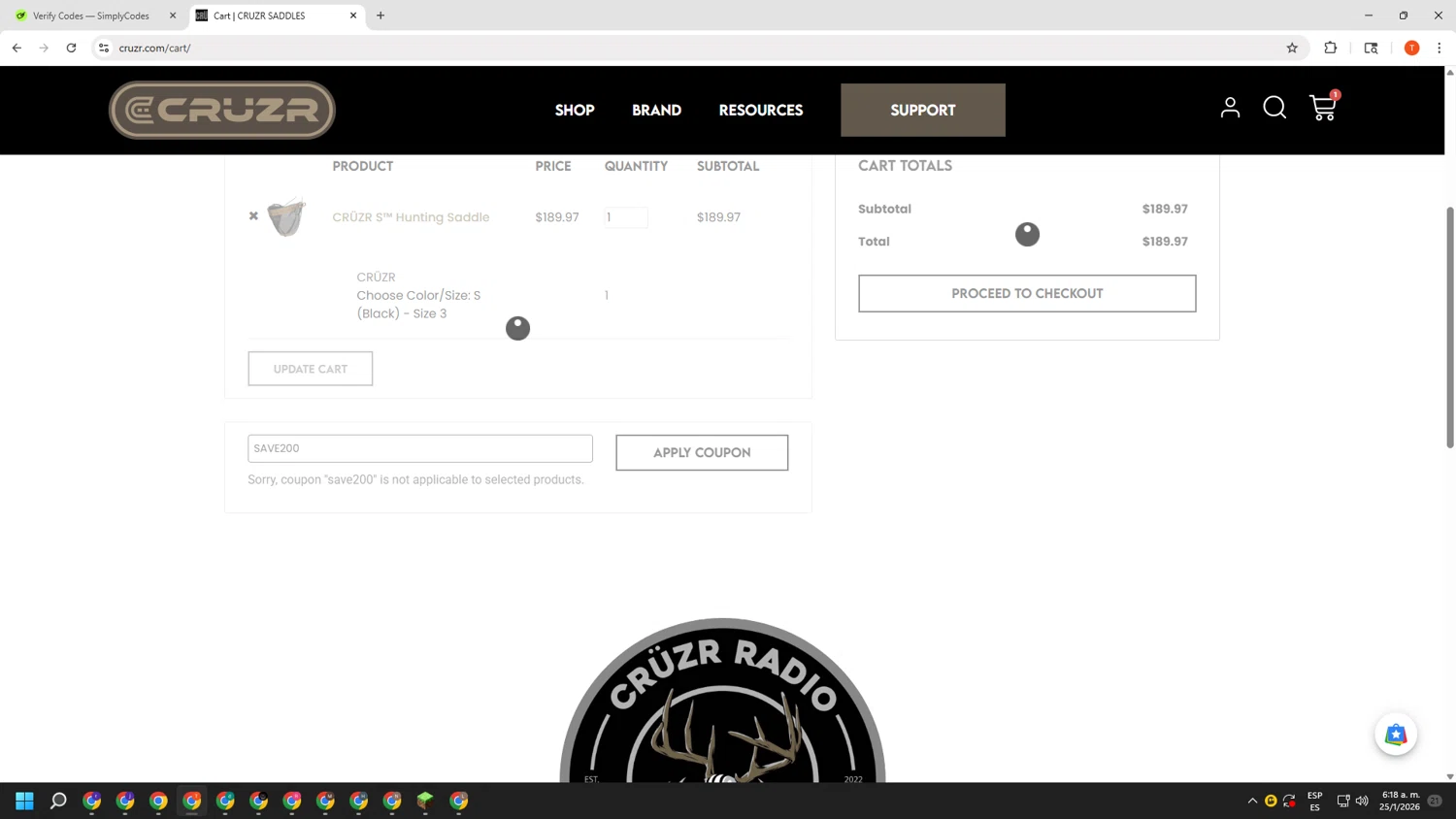 CRUZR SADDLES checkout page showing CRUZR SADDLES promo code box | Screenshot taken by SimplyCodes community member on Jan 25, 2026
