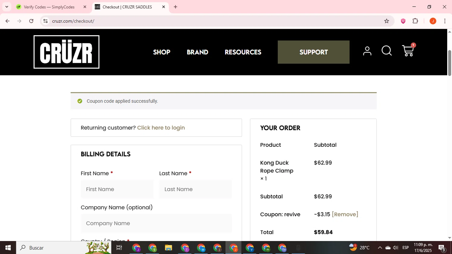 CRUZR SADDLES promo code screenshot showing code REVIVE applied at CRUZR SADDLES checkout page. Uploaded by SimplyCodes community member ExtraordinaryNavigator393 on Jun 18, 2025