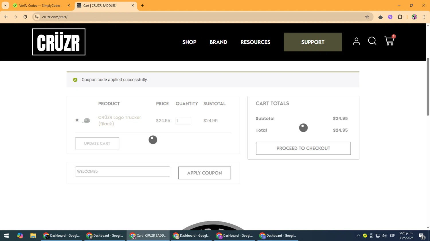 CRUZR SADDLES promo code screenshot showing code WELCOME5 applied at CRUZR SADDLES checkout page. Uploaded by SimplyCodes community member Vanmanuel on May 14, 2025