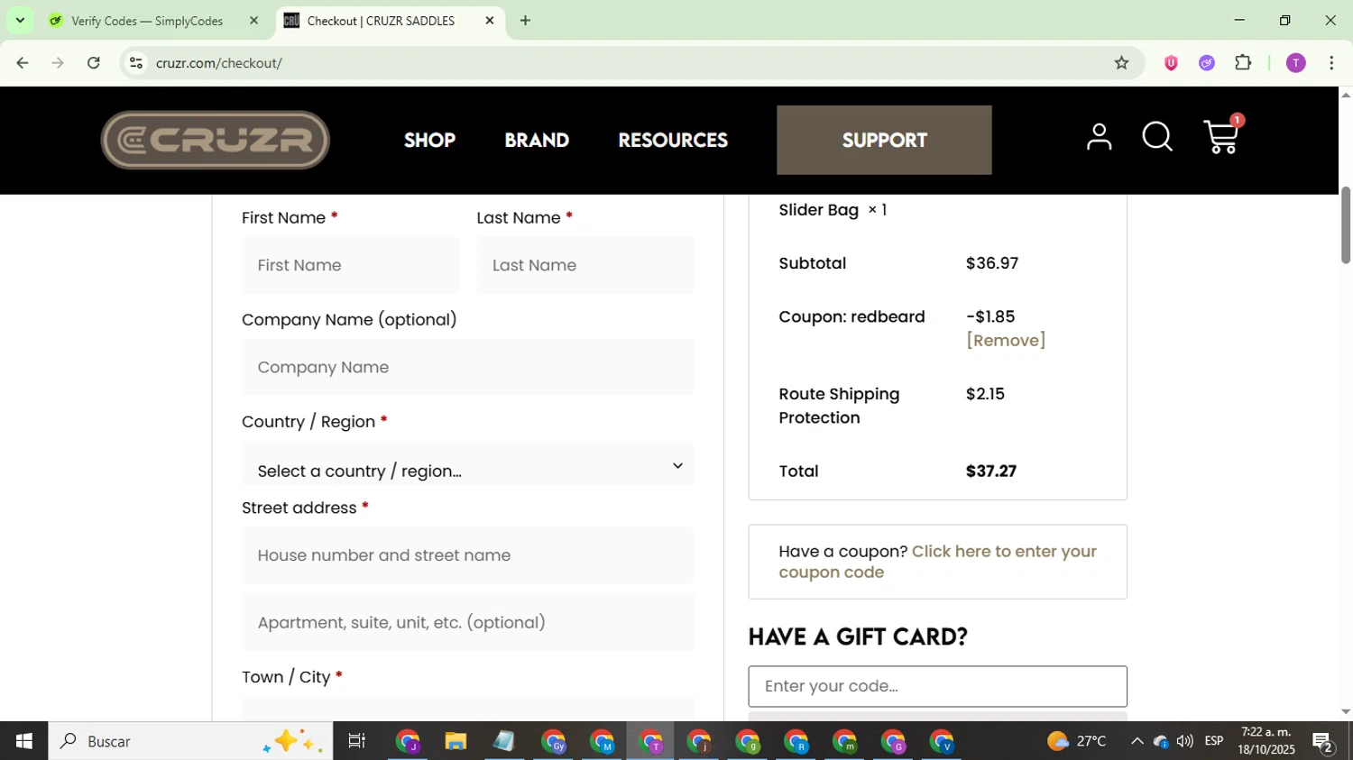CRUZR SADDLES promo code screenshot showing code Redbeard applied at CRUZR SADDLES checkout page. Uploaded by SimplyCodes community member ThriftyCurator4085 on Oct 18, 2025