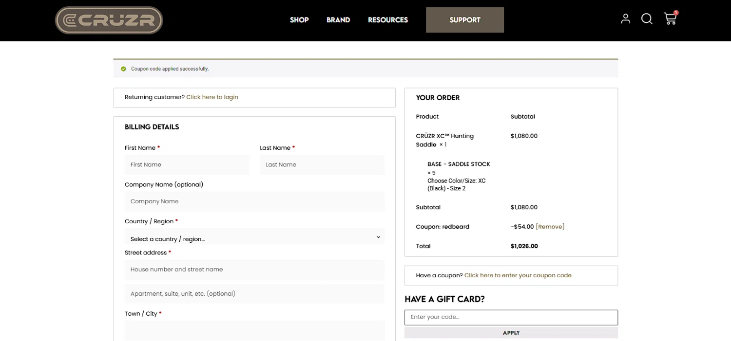 CRUZR SADDLES promo code screenshot showing code Redbeard applied at CRUZR SADDLES checkout page. Uploaded by SimplyCodes community member larenacida on Nov 16, 2025